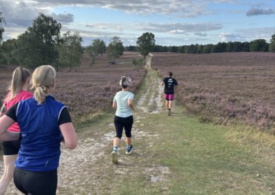 Laufgruppe Heide Runners laufen durch die lila Fischbeker Heide